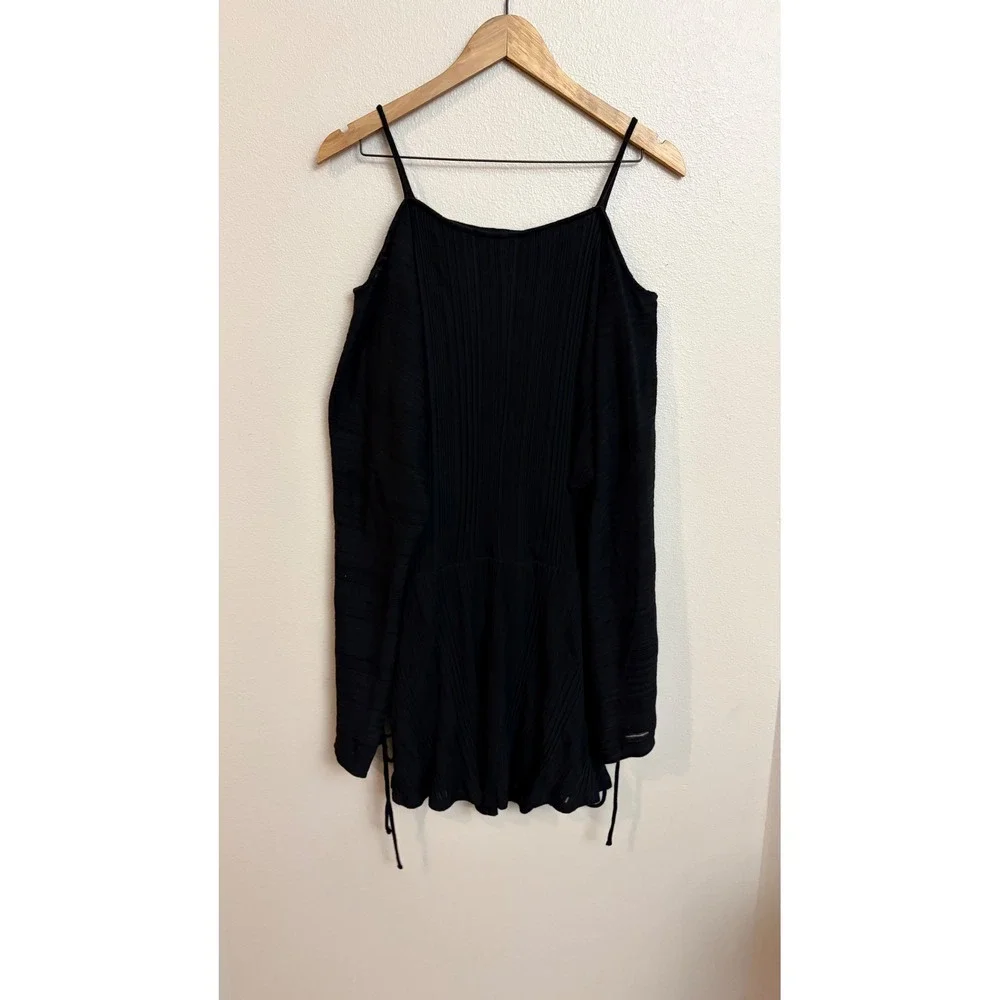 Free People Beach Cold Shoulder Mini Dress S/P Black Ribbed Knit Tie Sleeve Boho